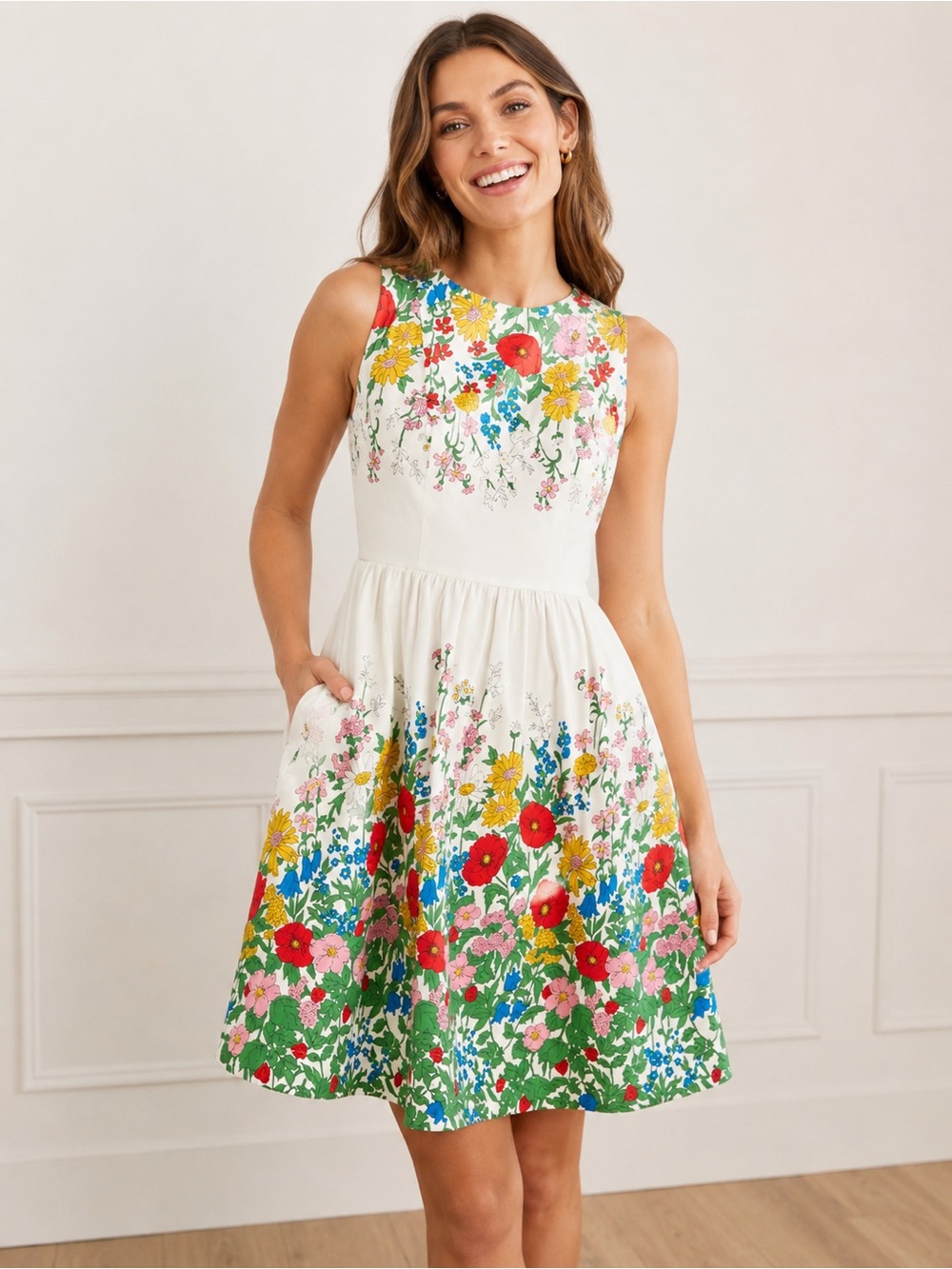 Boden Tara Fit & Flare Floral Garden Dress Ivory Multicolor size 6